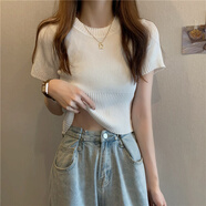 以純 YISHION今年流行漂亮夏季短款獨(dú)特超好看白色冰絲針織衫短袖T恤小上衣女 白色 斬女穿搭/別致/感 M