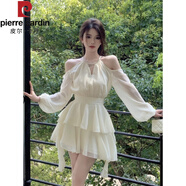 皮爾卡丹（pierre cardin）法式白色長(cháng)袖露肩連衣裙夏季大碼胖mm甜美雪紡短裙荷葉邊蛋糕裙子 杏色 S 【 90-100斤】