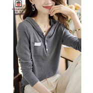 AEMAPE休閑舒適連帽長(zhǎng)袖t恤女秋季氣質(zhì)減齡顯瘦長(zhǎng)袖針織衫通勤套頭上衣 灰色 XL 建議120-130斤