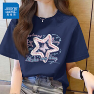 真維斯（JEANSWEST）100%全棉短袖女款夏季2025新款寬松小個(gè)子韓版t恤女裝落肩半袖衫 藏青 星星與蝴蝶 2XL