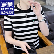 羅蒙（ROMON）冰絲短袖t恤男士夏季薄款速干條紋短袖男打底衫半袖上衣服男裝 WE937白色 XL （約120-135斤可穿)