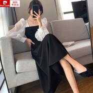 皮爾卡丹（pierre cardin）長(zhǎng)袖黑色雪紡裙氣質(zhì)連衣裙女新款春秋拼接方領(lǐng)法式裙子復(fù)古網(wǎng)紗裙 黑色 S