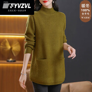 FYVZVL高檔品牌100%羊毛衫女秋冬中長款半高領(lǐng)毛衣大l碼針織羊絨打底衫 橄欖綠色 XL 120-30斤
