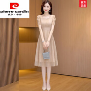 皮爾卡丹（pierre cardin）廣州十三行雪紡禮服連衣裙2025新款女夏紗料品牌純色媽媽時(shí)尚女裝 杏色 3XL 【適合136-145斤】