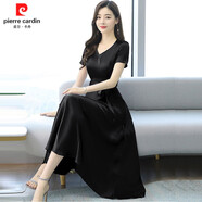 皮爾卡丹高端洋氣V領醋酸裙子女2025夏季新款母親中年精致高級感連衣裙 黑色《今年流行時尚網(wǎng)紅爆款/高 L (105-115斤)