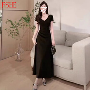 FSHE法式純欲風(fēng)v領(lǐng)氣質(zhì)連衣裙子女夏季2025新款修身顯瘦收腰黑色長裙 小黑裙[性感/高冷御姐風(fēng)/掐腰裙/ L 55/60kg