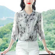 安源小子廣東普寧襯衫女七分袖小個(gè)子女2025新款夏裝高端新中式雪紡衫女夏 淺灰色 M [建議100斤以下]
