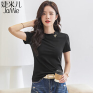 婕米兒紅色短袖t恤女2025夏季純棉蝴蝶結(jié)正肩小衫顯瘦洋氣上衣打底衫 黑色 L