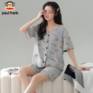 PAUL FRANK大嘴猴睡衣女夏季短袖薄款家居服夏天V領(lǐng)開(kāi)衫印花簡(jiǎn)約可外穿套裝