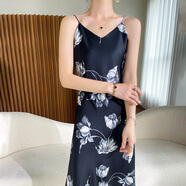 清迎高品質(zhì)涼感吊帶連衣裙女中長(cháng)款25夏新款絲滑緞面V領(lǐng)印花顯瘦長(cháng)裙 黑色白花 JXYZRZH-A13 L 【小個(gè)子不推薦】