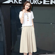 以純YISHION棉麻半身裙兩件套女2025夏季時(shí)尚洋氣小香風(fēng)純色V領(lǐng)上衣休閑套裝 #DY74(白上衣+卡其裙) 兩件套 M (建議80-100斤)