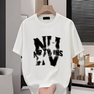 南極人純棉百搭字母印花短袖t恤男女寬松潮流百搭圓領(lǐng)打底衫五分袖上衣 T489白色 S