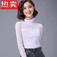 蕉京春秋裝新款高領(lǐng)純色修身蕾絲衫長袖網(wǎng)紗打底衫女t恤外穿小衫 白色 高領(lǐng) XL 偏小