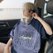 主意范（ZHUYIFAN）夏季短袖男款寬松鋼印五分袖衣服青少年半袖體恤美式風重磅T恤男 t2506藏青 M 約90-110斤可穿