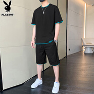 花花公子（PLAYBOY）短袖T恤男套裝夏季男士高端上衣服運(yùn)動(dòng)半袖體恤短褲兩件套