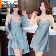 莫代爾品牌冰絲睡衣女夏性感吊帶短袖兩件套睡裙春秋薄款睡袍家居服套裝 SYG-2053花邊兩件套藍(lán)灰色 L