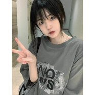 妙奕嘉純棉短袖t恤女夏季新款t恤衫女士上衣寬松隨性潮流時(shí)尚洋氣遮肚子 美式寬松字母印花短袖【深灰色】 L 【建議110-135斤】