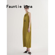 FAUNTIE LUNA百褶連衣裙女法式氣質(zhì)重磅簡(jiǎn)約質(zhì)感高彈純色顯瘦掛脖無(wú)袖壓褶長(cháng)裙 青橄欖 S