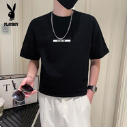花花公子（PLAYBOY）字母印花短袖t恤男士夏季2023新款潮牌半袖上衣男裝痞帥體恤 黑色 S  110斤以內(nèi)