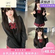 斯睿霖jk格裙制服學(xué)院風(fēng)百褶裙大碼套裝收腰顯瘦襯衫襯衣半身裙子三件套 白襯衫+領(lǐng)結(jié)+大紅格裙+黑色開衫( M