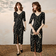 白鹿語夏季V領氣質(zhì)中袖印花裙修身顯瘦開叉長款連衣裙 黑色 M 