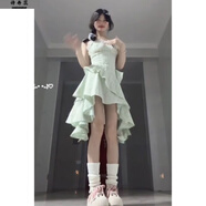 詩丹蕊森系甜美少女不規(guī)則裙擺設計露肩連衣裙女學生夏季收腰顯瘦a字裙 淺綠色 均碼 【可備注碼數(shù)】