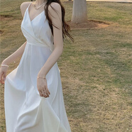 蝶姿錦三亞沙灘裙超仙初戀裙白月光海邊度假連衣裙仙女吊帶裙甜美復古裙 白色 L