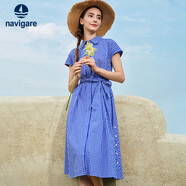 Navigare意大利小帆船女全棉格紋連衣裙收腰短袖襯衫裙2322875503 藍 XL