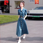 皮爾卡丹（pierre cardin）法式復古牛仔裙連衣裙女高端氣質(zhì)名媛高級感2025新款夏季薄款長(cháng)款 牛仔藍 配腰帶 L 110-120斤