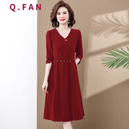 恰凡（QIAFAN）媽媽裝秋裝中年長袖雪紡連衣裙洋氣紅色口袋裙子婚宴禮服結(jié)婚50歲 酒紅色 XL 適合110-120斤