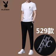 花花公子（PLAYBOY）品牌桑蠶絲休閑運動(dòng)服套裝男夏季新款跑步冰.絲短袖圓領(lǐng)T恤一套潮 529白色 HP短袖＋長(cháng)褲 M 165(90-120斤)