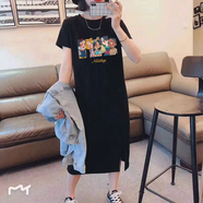 FSAT2025短袖長裙寬松休閑過膝t恤裙簡約中長款連衣裙女顯瘦夏季 黑色（niceday） 商場同款 2XL 商場同款