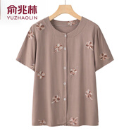 俞兆林中老年女裝媽媽裝薄款套裝女短袖開衫奶奶裝夏裝衣服新款 卡其色上衣 6XL (建議165-180斤)