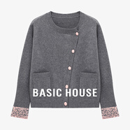 百家好（Basic House）Basic House/百家好撞色圓領(lǐng)斜門(mén)襟開(kāi)衫外套2025女士春季新款毛衣 灰色 M