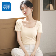 真維斯（JEANSWEST）方領(lǐng)t恤女短袖夏季2025新款純色修身大領(lǐng)口正肩短款低領(lǐng)緊身上衣 杏色 純色 L