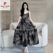 皮爾卡丹（PIERRE CARDIN）黑金感時(shí)尚洋氣無袖吊帶連衣裙女夏顯瘦內(nèi)搭V領(lǐng)碎花背心大擺 黑金短款(裙長105厘米) M (110-130斤)