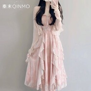 秦末超仙法式連衣裙女春夏季新款2025夏季甜美荷葉邊吊帶裙子長(zhǎng)裙套裝 吊帶裙（單裙子） M （95-110斤）