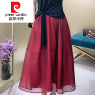 皮爾卡丹（pierre cardin）針織歐根紗半身裙女2025新款夏季a字中長裙子網(wǎng)紗高腰裙顯瘦大擺 酒紅色 XL