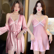睡衣女夏季薄款性感吊帶睡裙睡袍兩件套高級感絲綢家居服 E1701兩件套豆沙色 L 均碼