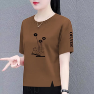 歐堤漫純棉短袖t恤女2025夏季百搭寬松圓領(lǐng)中年休閑女裝印花上衣體恤衫 咖色【黑荷花魚】 純棉 XL 建議115-130斤