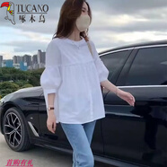 啄木鳥襯衫五分袖女夏季新款百搭泡泡袖小眾半袖娃娃衫白色木耳花邊薄款 白色 五分袖 S 建議95-110斤