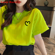 LOVER RUCCI熒光綠短袖T恤女純棉時尚洋氣2025夏季新款歐貨正肩體恤上衣百搭 熒光綠(常規(guī)T恤-缺口愛心黑) S 80-95斤