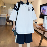 冰韻短袖t恤男夏季12-15歲青少年學(xué)生13帥氣POLO衫14大童男裝一套裝 TZ5013白色(短袖+短褲) 品質(zhì)保證 XL (120-140斤左右)