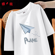 雅鹿短袖T恤男純棉韓版潮流寬松大碼透氣打底衫青少年學(xué)生夏天休閑t恤 白/藍(lán)飛機(jī) 2XL （重155-170斤高175-180）