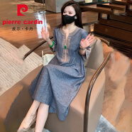 皮爾卡丹（pierre cardin）重工刺繡棉麻連衣裙2025夏季新款中長款寬松大碼休閑氣質(zhì)亞麻裙子 灰色 XL 建議130-145斤