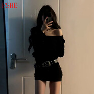 FSHE一字肩黑色氣質(zhì)連衣裙子女早春季2025新款性感辣妹御姐風(fēng)包臀短裙 【黑色】送腰帶【釣系約會(huì )裙/微 XL 60/65kg