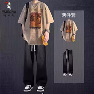 啄木鳥(niǎo)（TUCANO）美式水洗短袖t恤男士夏季套裝痞帥上衣搭配牛仔褲男裝潮流兩件套 卡其色短袖+牛仔褲黑色 2件套 XL