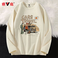 雅鹿長(zhǎng)袖t恤男純棉春秋季寬松休閑打底衫青少年重磅潮流印花長(zhǎng)袖男T恤 淺米/旅行大巴 XL ( 建議125斤-145斤可穿 )