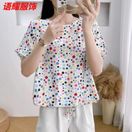 風(fēng)曉薇棉綢上衣女夏季寬松大碼休閑短袖顯瘦人造棉小衫減齡遮肚t恤衫潮 彩色小波點(diǎn) L