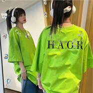 蘇愚100%純棉熒光綠美式新中式花卉花環(huán)短袖T恤男夏季寬松潮牌上衣半 220克-熒光綠 3XL 建議160-185斤